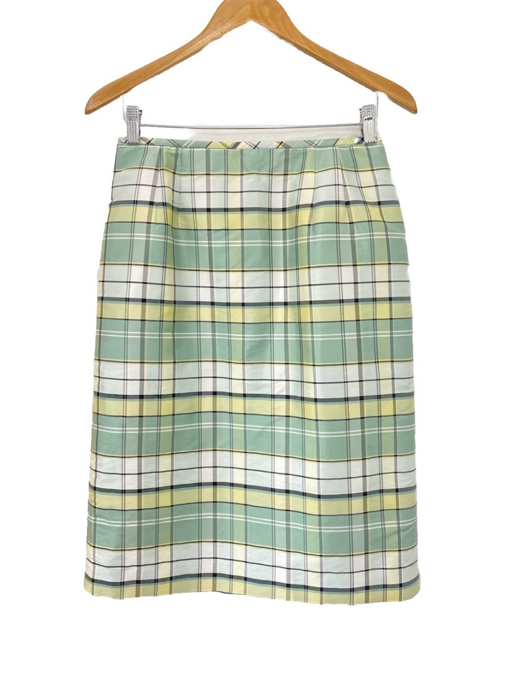 Travis Ayers Green Yellow Plaid 100% Silk Pencil Skirt Sz 6 Vintage 1990s Preppy